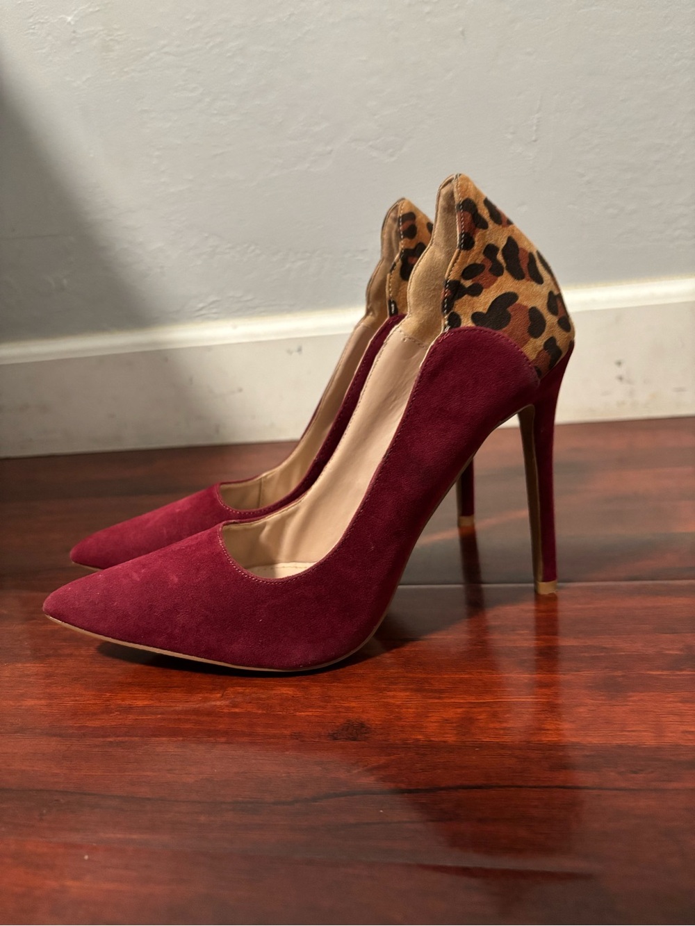 Suede Burgundy Pointed-Toe High Heels with Leopard Accent